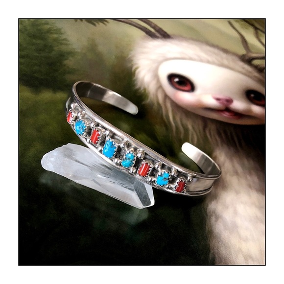 Boutique Jewelry - Navajo Sterling Silver Turquoise & Coral Cuff
